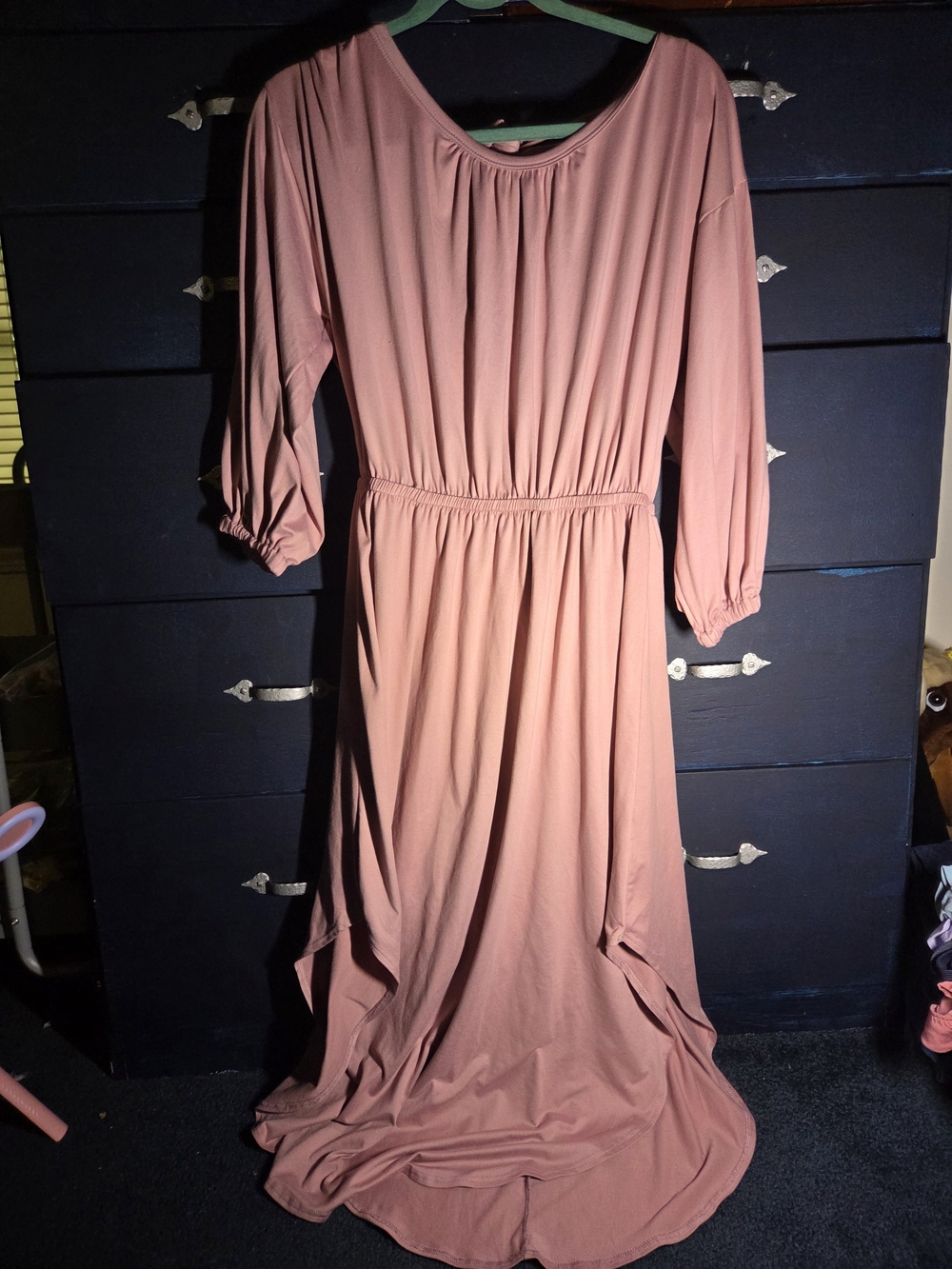 Entro Dusty Rose Pink L/S High-Low Maxi Dress, Tie Back, knit XL